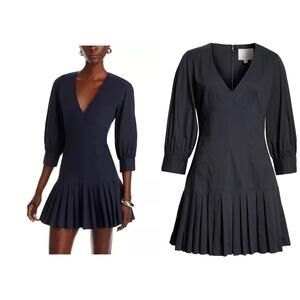 CINQ A SEPT Sawyer Navy V-Neck Pleated Minidress